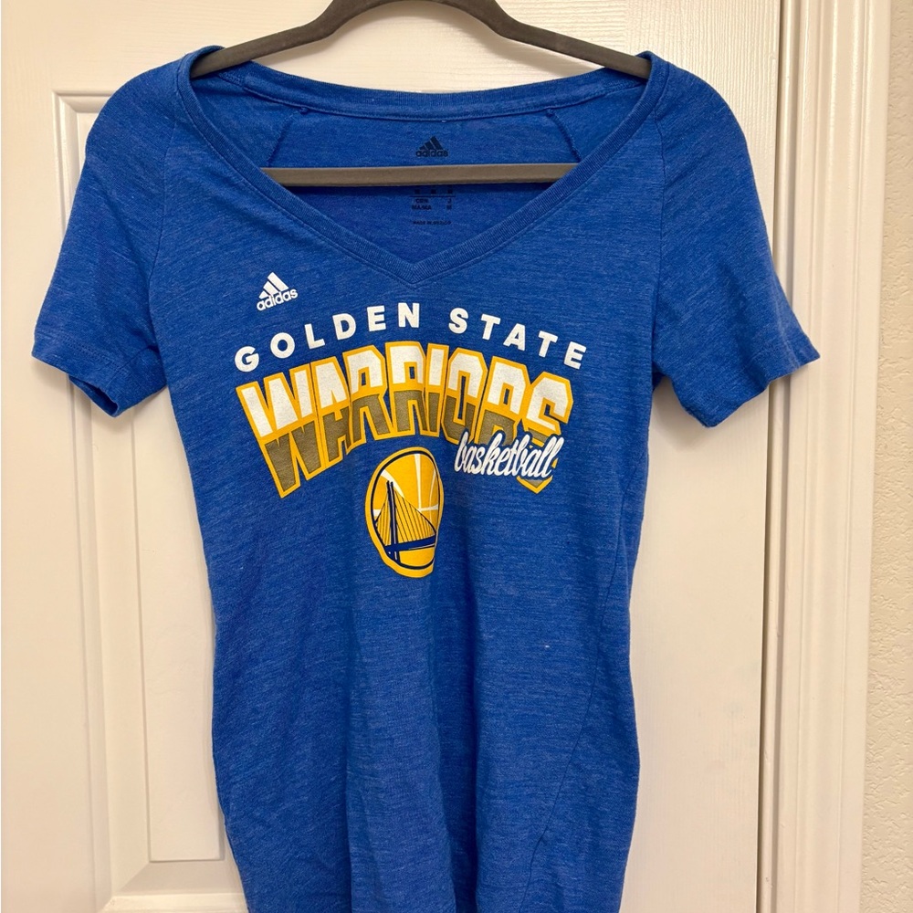 Adidas Golden State Warriors Women’s V-Neck Shirt Blue Game Day Tee Medium